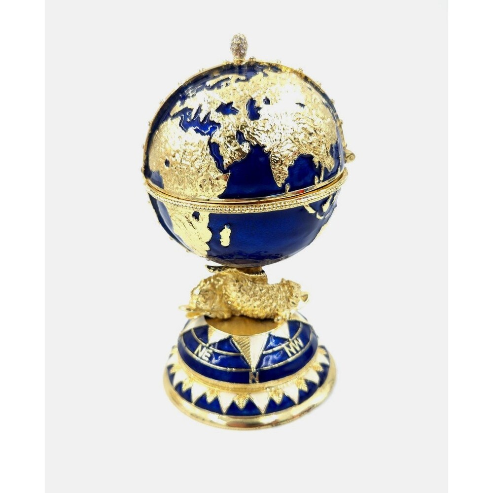 Fabrege Egg Trinket Jewlery World Globe Fish Pedestal Blue & Gold - READ